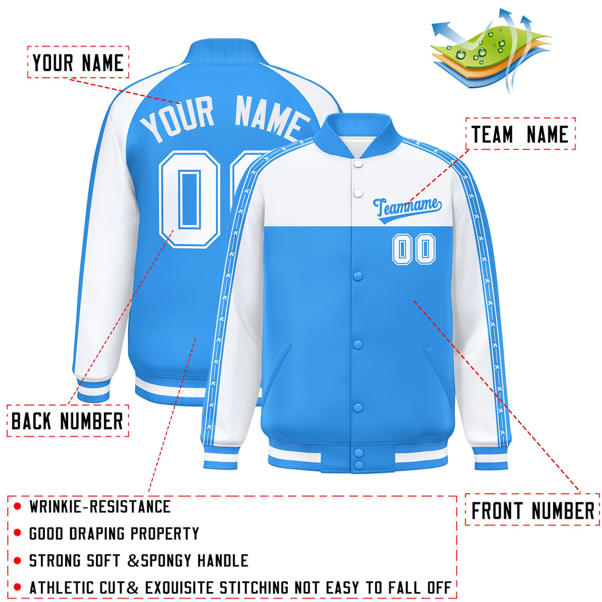 Custom White Powder Blue K-Ribbon Raglan Sleeves Varsity Full-Snap Color Block Letterman Jacket