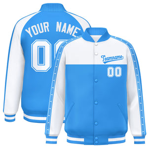 Custom White Powder Blue K-Ribbon Raglan Sleeves Varsity Full-Snap Color Block Letterman Jacket