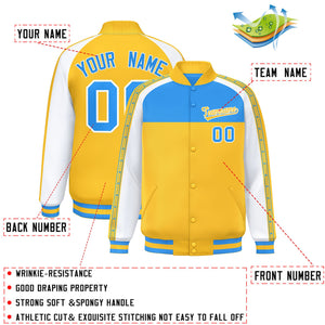 Custom Powder Blue Gold K-Ribbon Raglan Sleeves Varsity Full-Snap Color Block Letterman Jacket