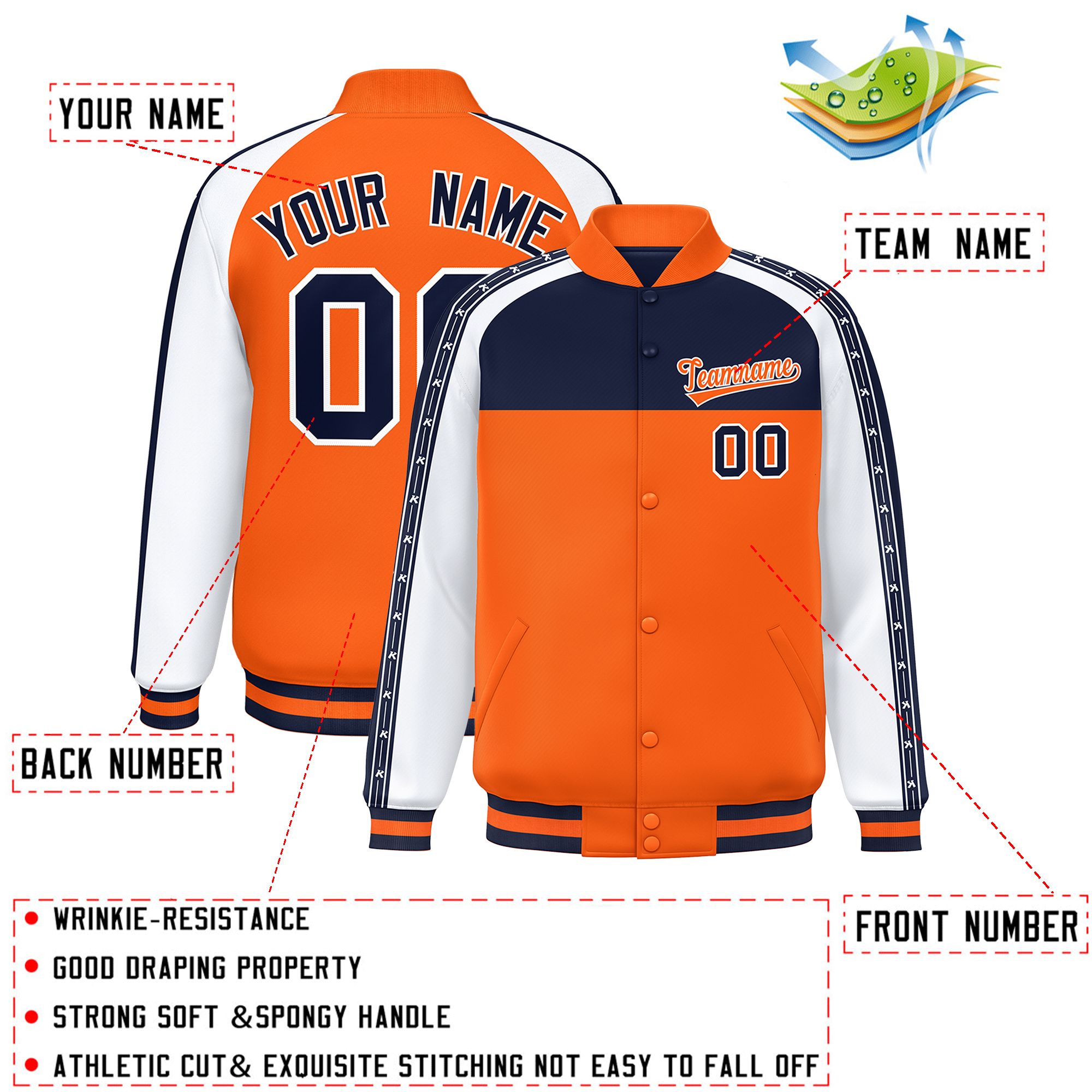 Custom Navy Orange K-Ribbon Raglan Sleeves Varsity Full-Snap Color Block Letterman Jacket