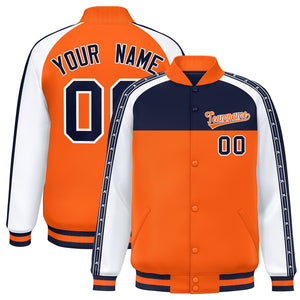 Custom Navy Orange K-Ribbon Raglan Sleeves Varsity Full-Snap Color Block Letterman Jacket