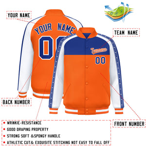 Custom Royal Orange K-Ribbon Raglan Sleeves Varsity Full-Snap Color Block Letterman Jacket