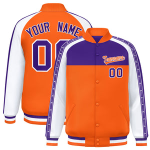 Custom Purple Orange K-Ribbon Raglan Sleeves Varsity Full-Snap Color Block Letterman Jacket