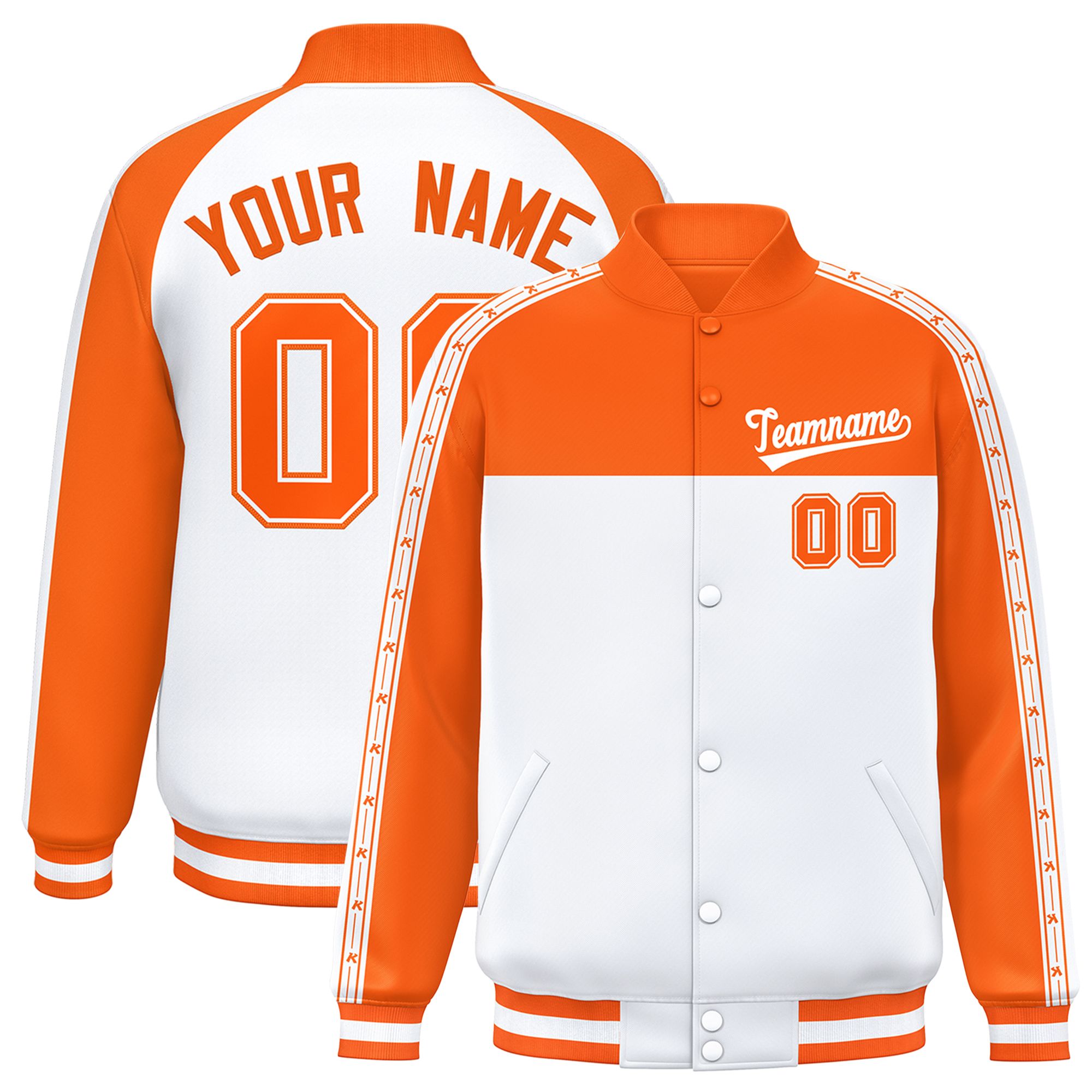 Custom Orange White K-Ribbon Raglan Sleeves Varsity Full-Snap Color Block Letterman Jacket