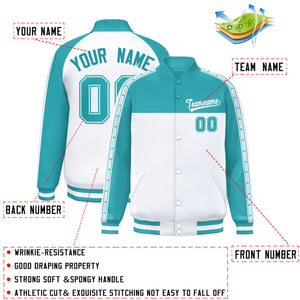 Custom Aqua White K-Ribbon Raglan Sleeves Varsity Full-Snap Color Block Letterman Jacket