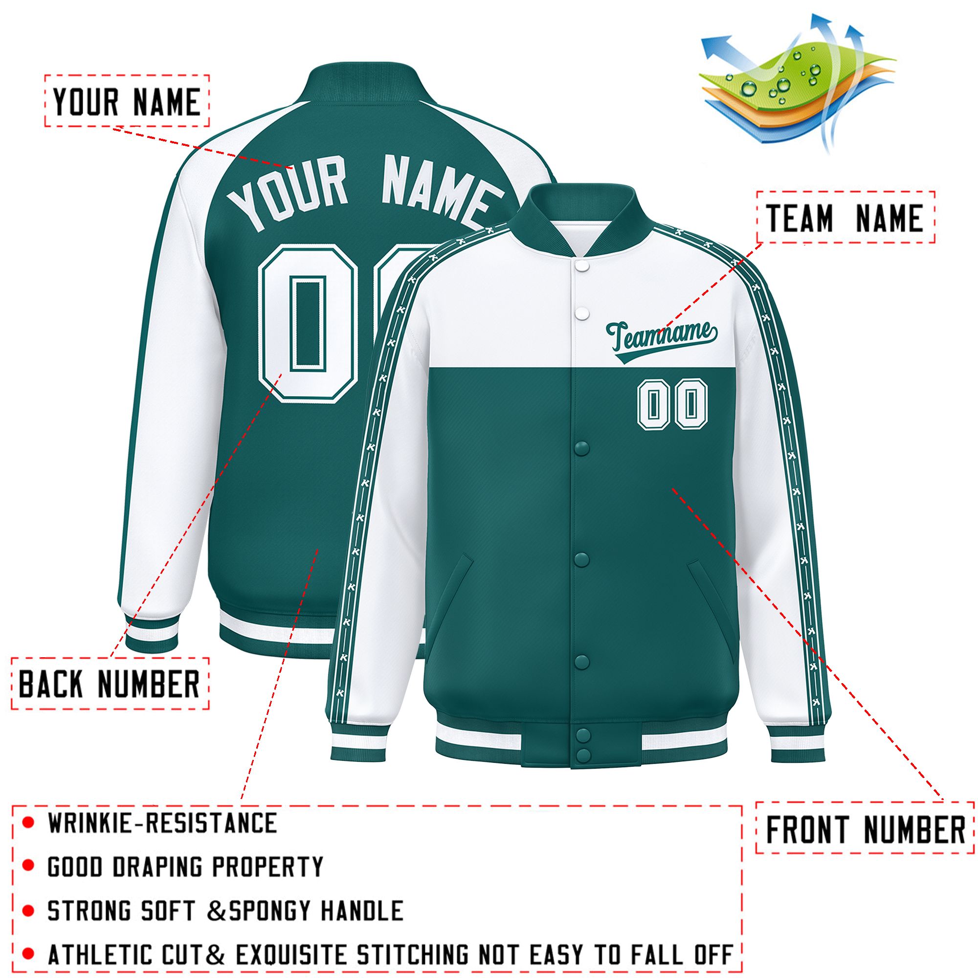 Custom White Aqua K-Ribbon Raglan Sleeves Varsity Full-Snap Color Block Letterman Jacket