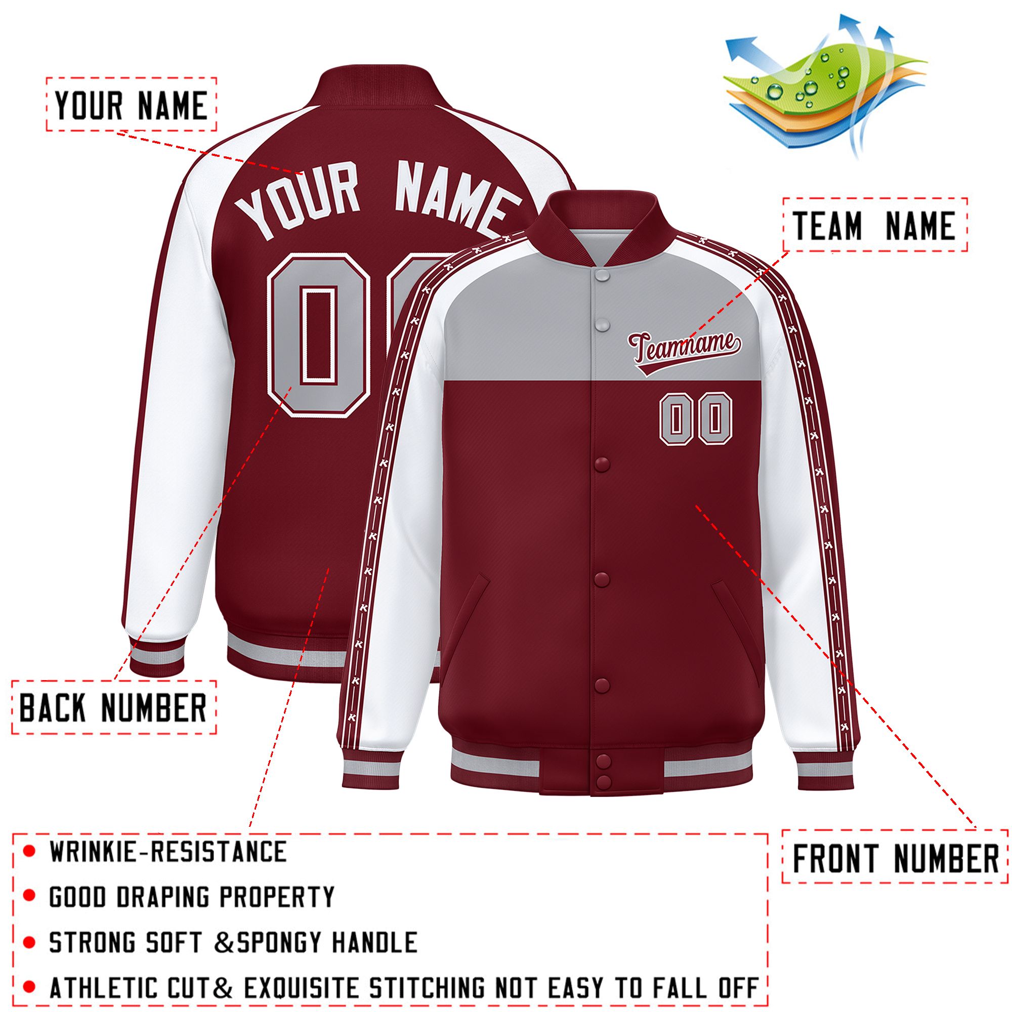 Custom Gray Crimson K-Ribbon Raglan Sleeves Varsity Full-Snap Color Block Letterman Jacket