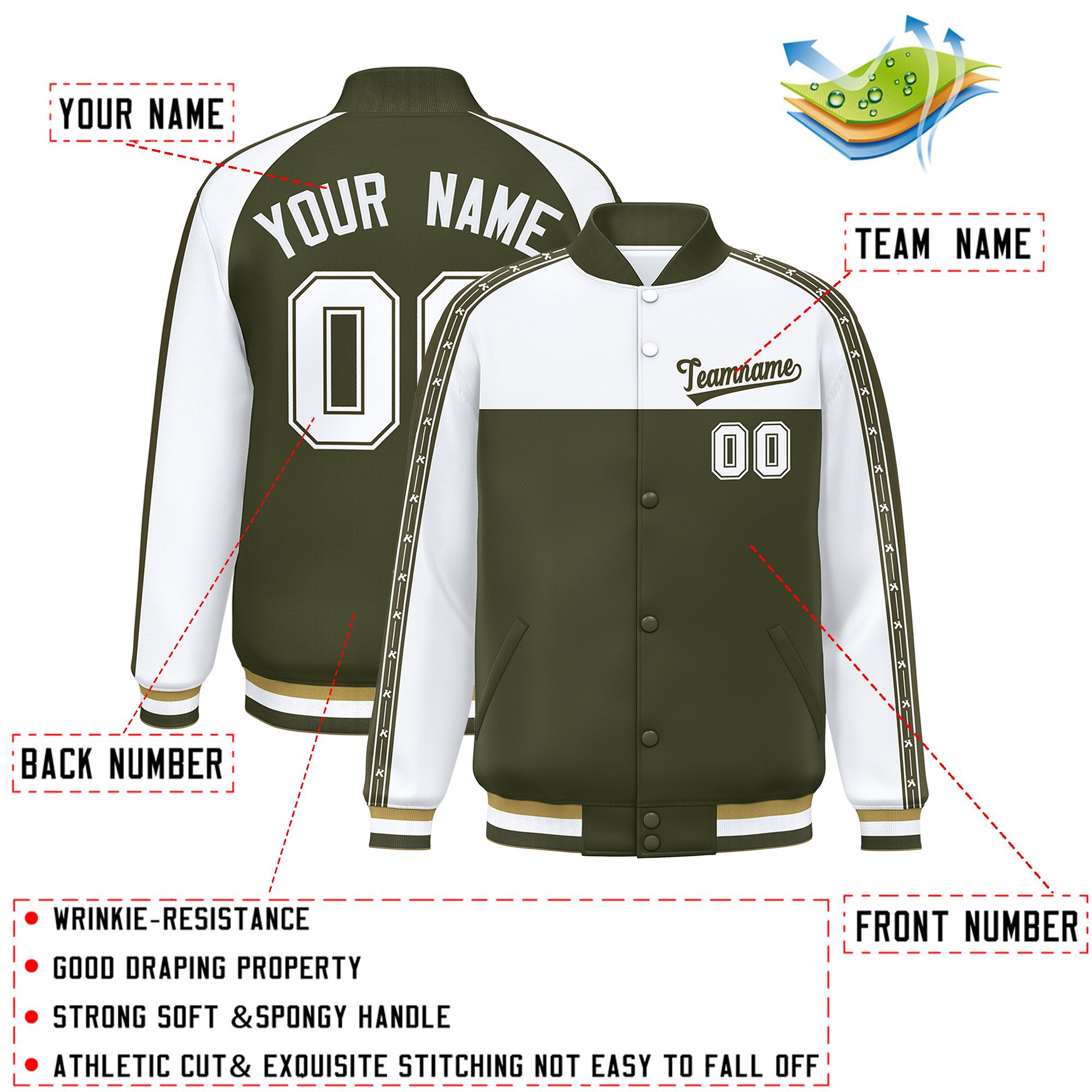 Custom White Olive K-Ribbon Raglan Sleeves Varsity Full-Snap Color Block Letterman Jacket