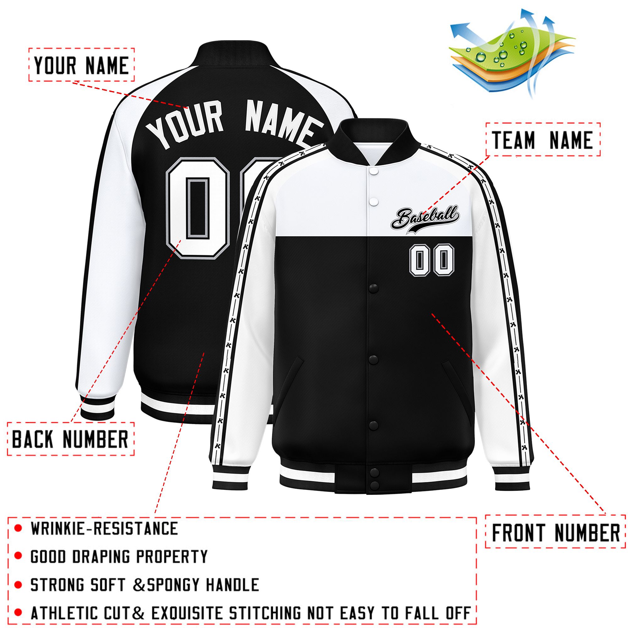 Custom White Black K-Ribbon Raglan Sleeves Varsity Full-Snap Color Block Letterman Jacket