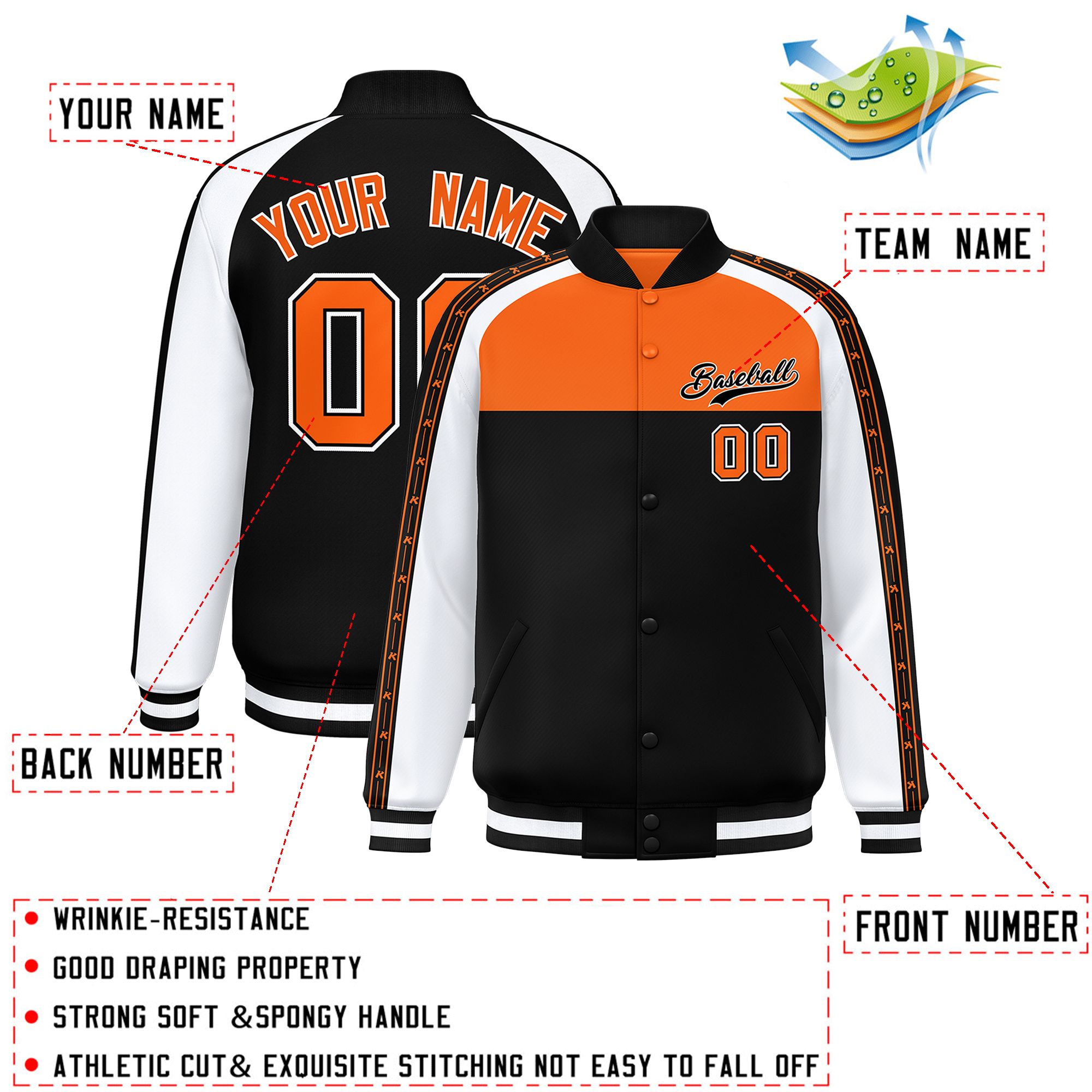 Custom Orange Black K-Ribbon Raglan Sleeves Varsity Full-Snap Color Block Letterman Jacket