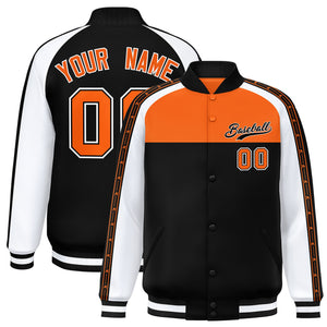 Custom Orange Black K-Ribbon Raglan Sleeves Varsity Full-Snap Color Block Letterman Jacket