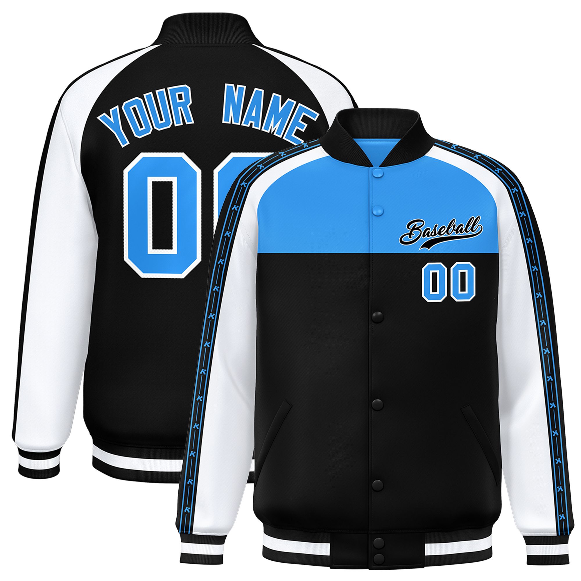 Custom Powder Blue Black K-Ribbon Raglan Sleeves Varsity Full-Snap Color Block Letterman Jacket