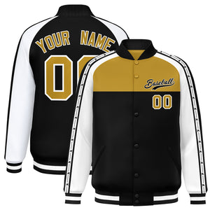 Custom Old Gold Black K-Ribbon Raglan Sleeves Varsity Full-Snap Color Block Letterman Jacket