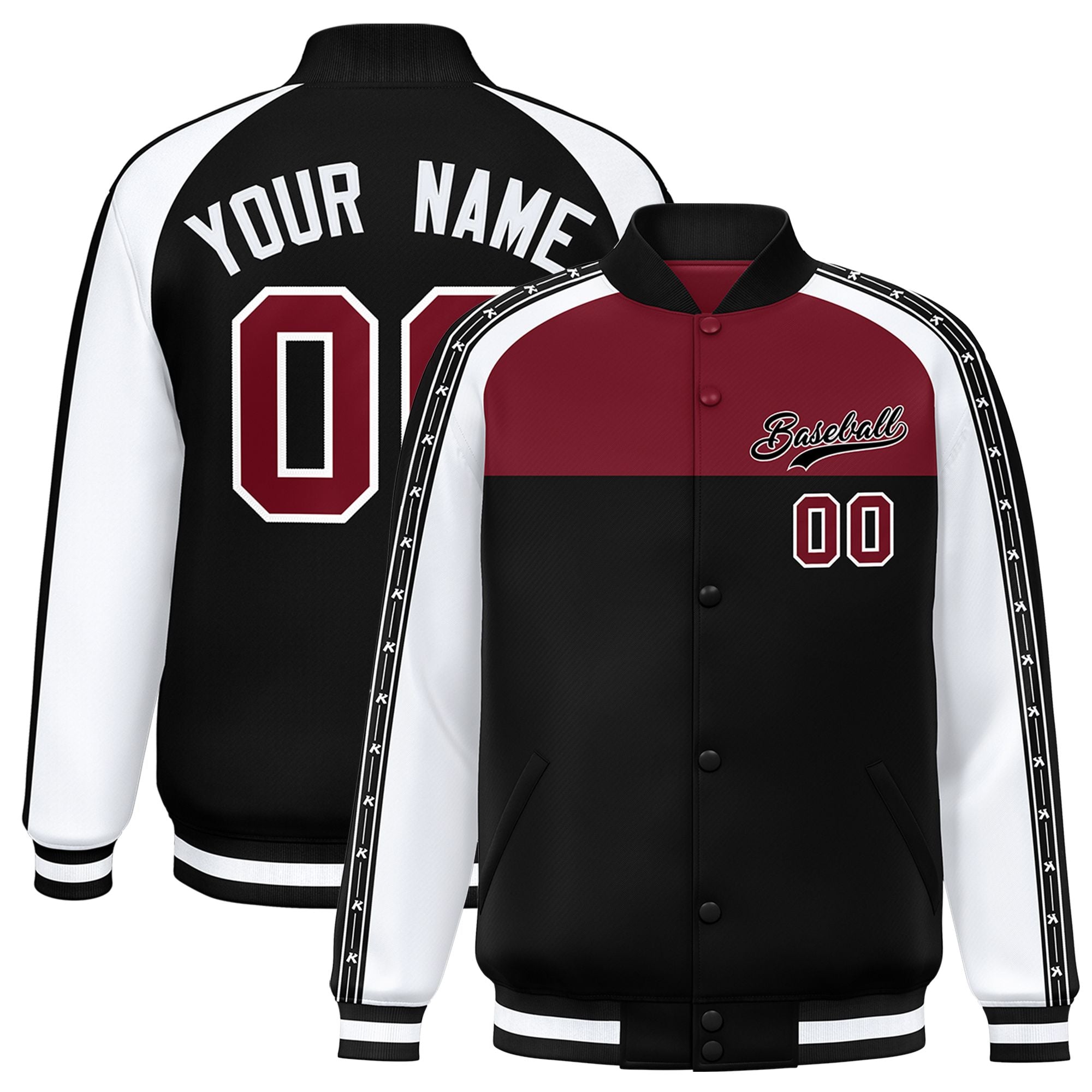 Custom Crimson Black K-Ribbon Raglan Sleeves Varsity Full-Snap Color Block Letterman Jacket