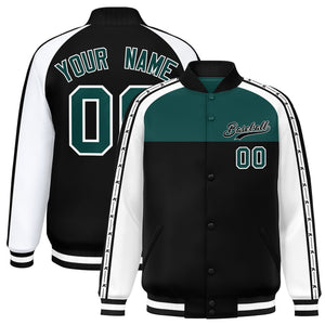 Custom Midnight Green Black K-Ribbon Raglan Sleeves Varsity Full-Snap Color Block Letterman Jacket