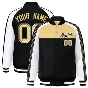 Custom Khaki Black K-Ribbon Raglan Sleeves Varsity Full-Snap Color Block Letterman Jacket