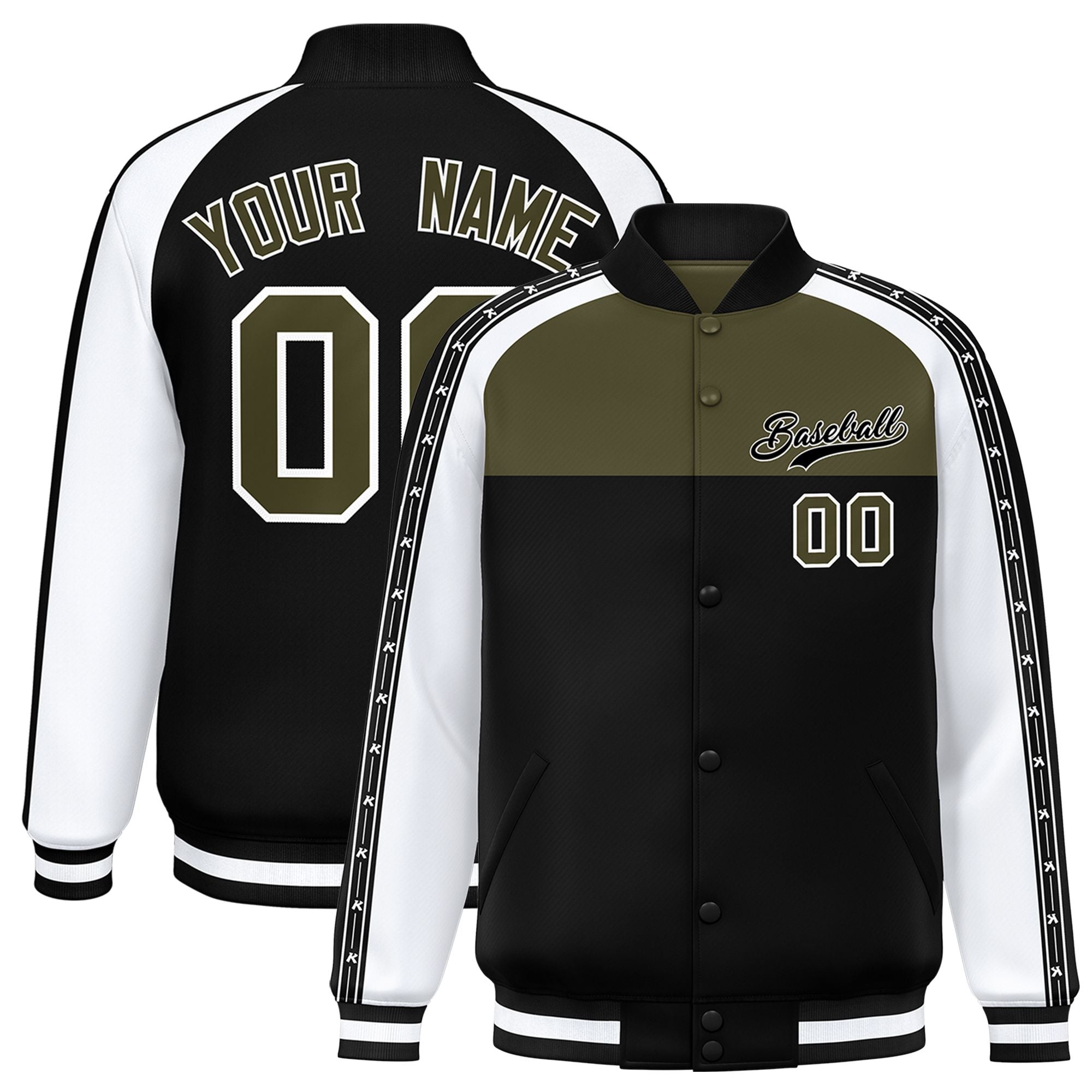 Custom Olive Black K-Ribbon Raglan Sleeves Varsity Full-Snap Color Block Letterman Jacket