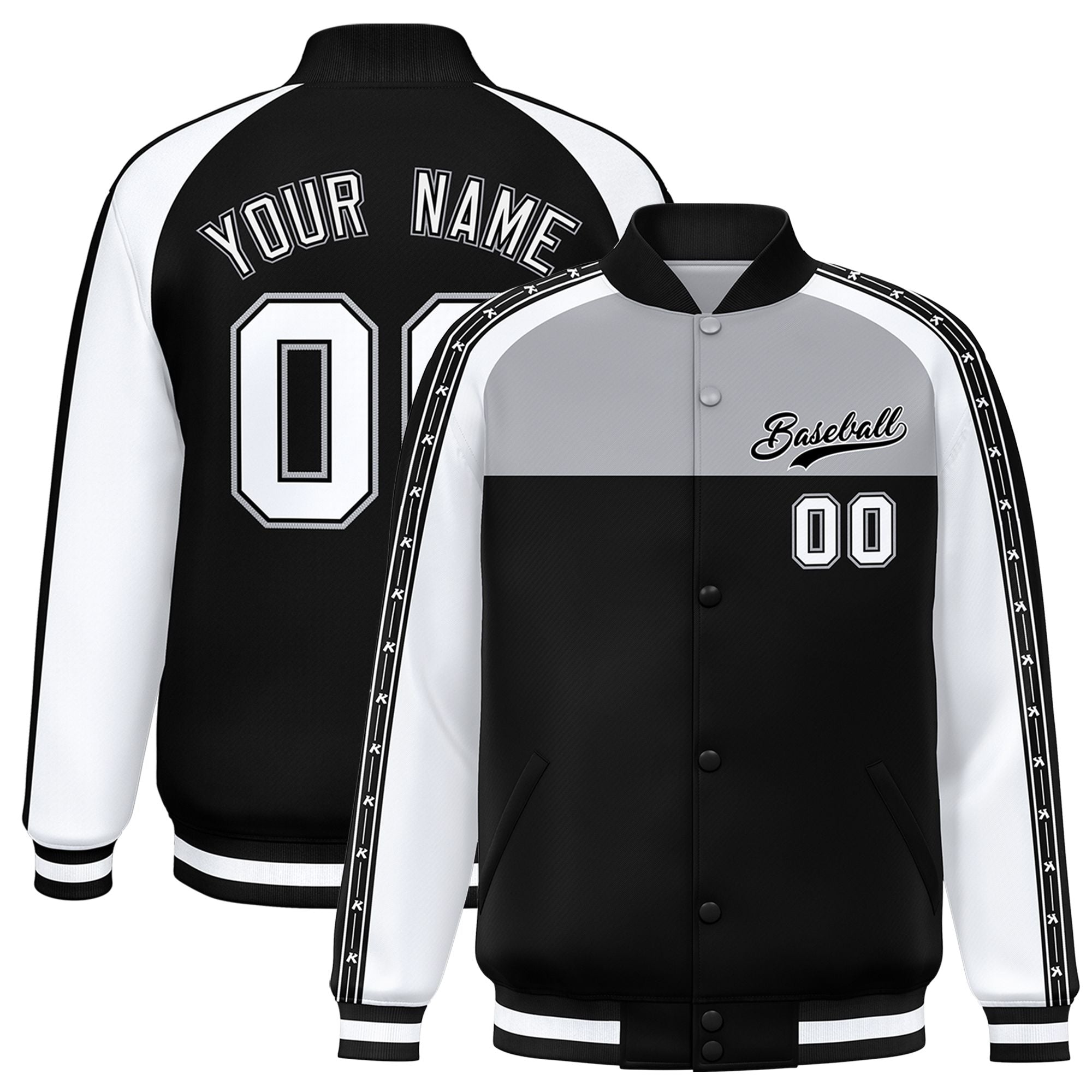 Custom Gray Black K-Ribbon Raglan Sleeves Varsity Full-Snap Color Block Letterman Jacket