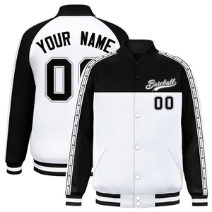 Custom Black White K-Ribbon Raglan Sleeves Varsity Full-Snap Color Block Letterman Jacket