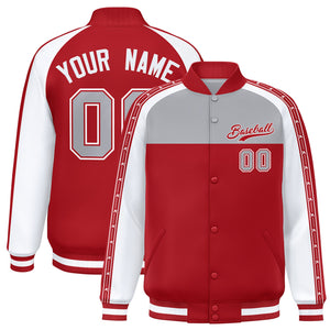 Custom Gray Red K-Ribbon Raglan Sleeves Varsity Full-Snap Color Block Letterman Jacket