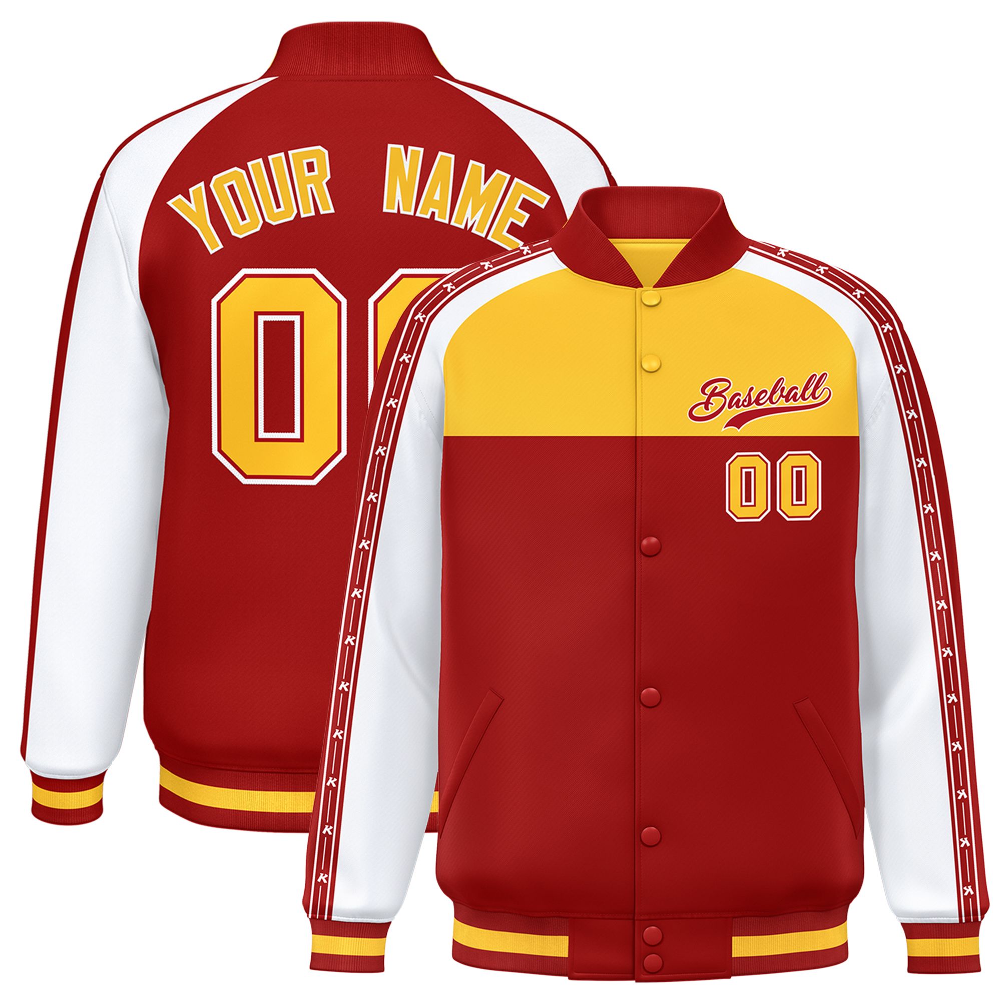 Custom Gold Red K-Ribbon Raglan Sleeves Varsity Full-Snap Color Block Letterman Jacket