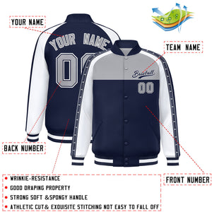 Custom Gray Navy K-Ribbon Raglan Sleeves Varsity Full-Snap Color Block Letterman Jacket