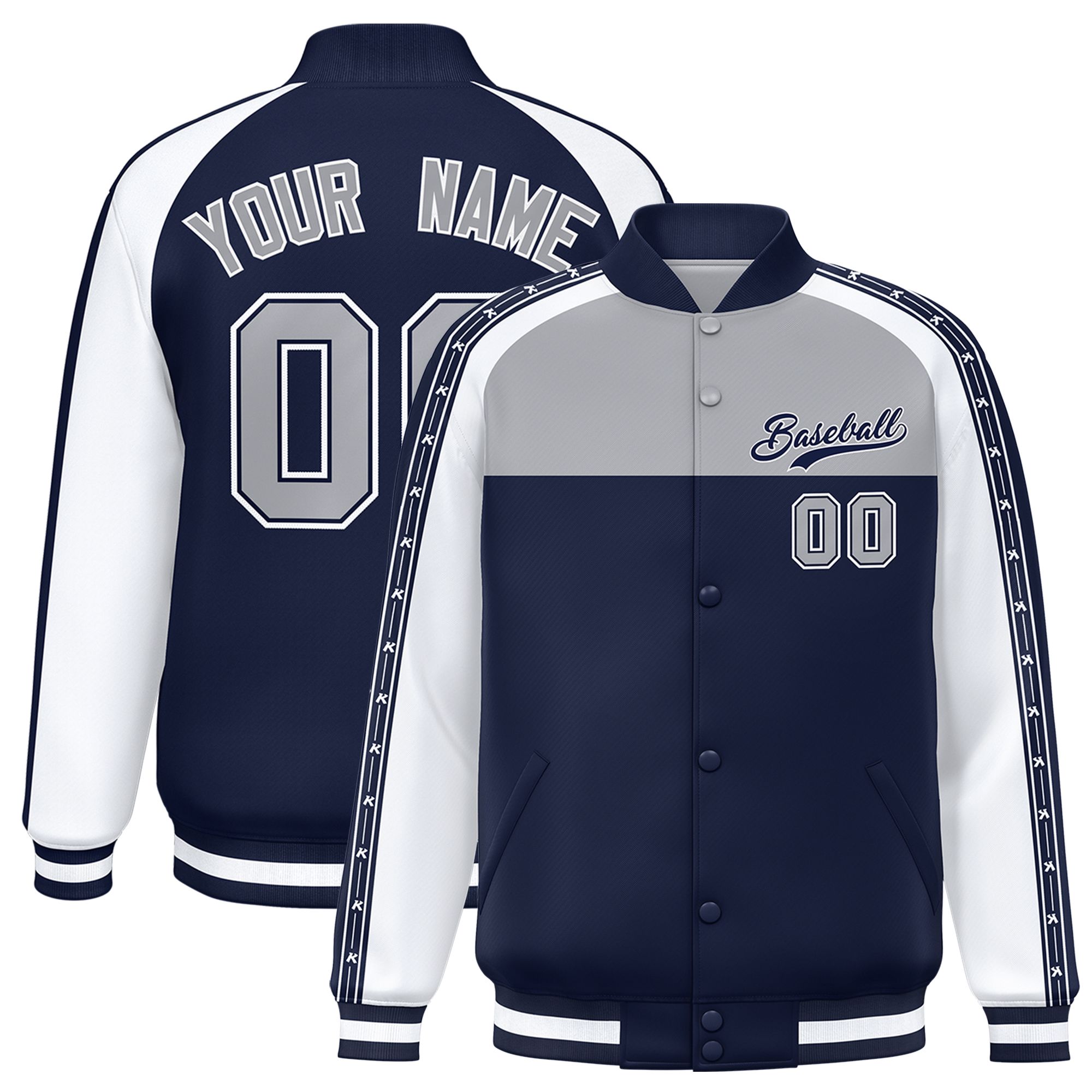 Custom Gray Navy K-Ribbon Raglan Sleeves Varsity Full-Snap Color Block Letterman Jacket