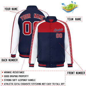 Custom Red Navy K-Ribbon Raglan Sleeves Varsity Full-Snap Color Block Letterman Jacket