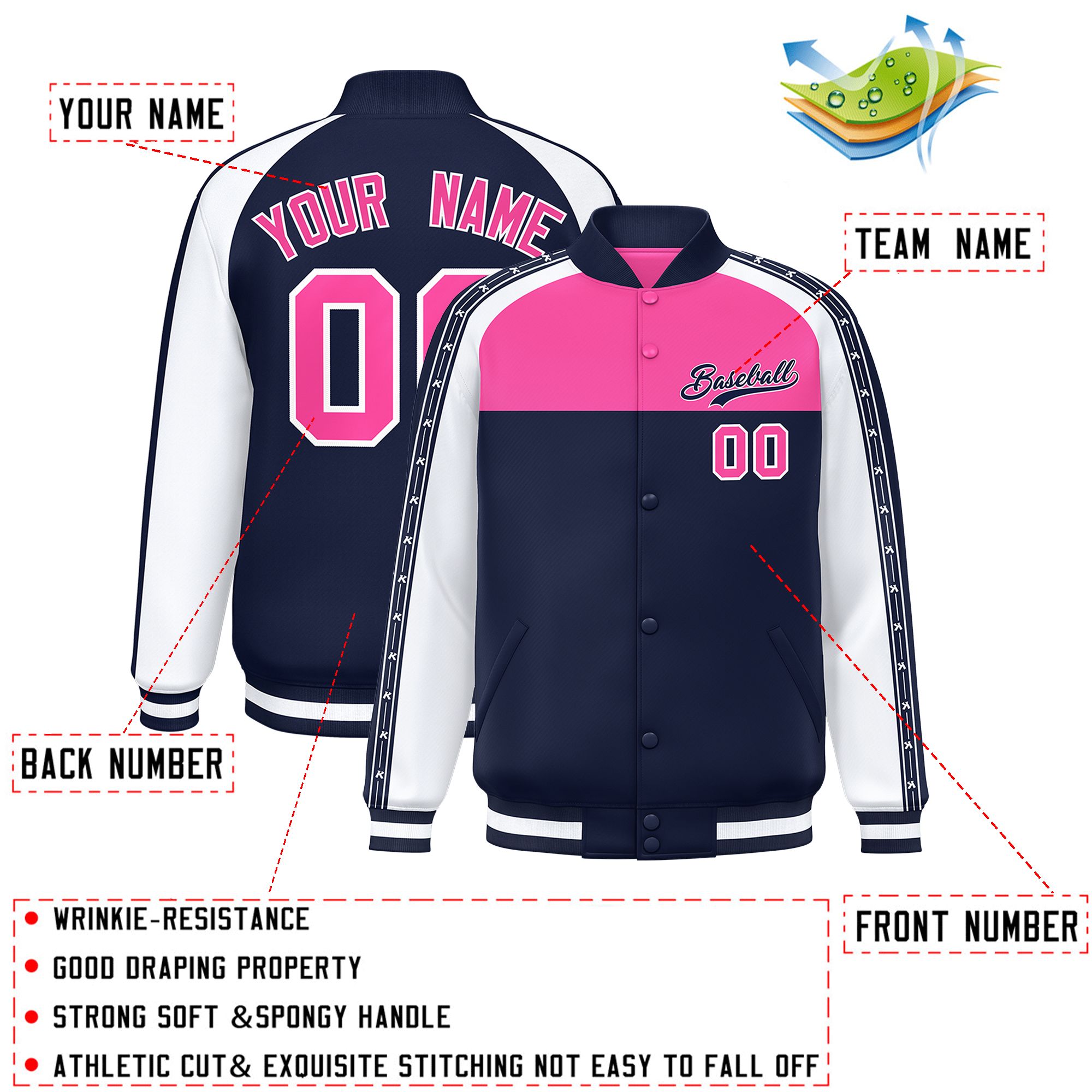 Custom Pink Navy K-Ribbon Raglan Sleeves Varsity Full-Snap Color Block Letterman Jacket