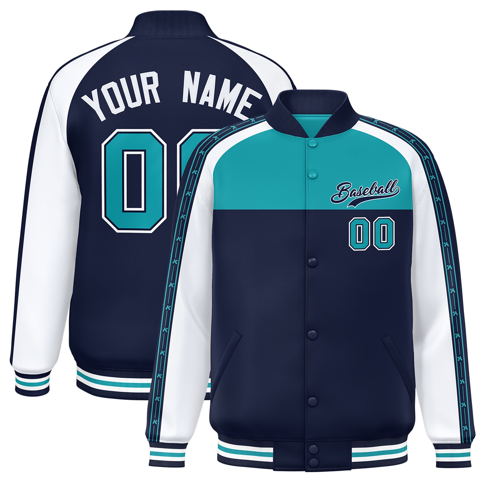 Custom Aqua Navy K-Ribbon Raglan Sleeves Varsity Full-Snap Color Block Letterman Jacket