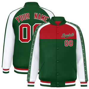 Custom Red Green K-Ribbon Raglan Sleeves Varsity Full-Snap Color Block Letterman Jacket