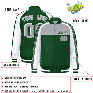 Custom Gray Green K-Ribbon Raglan Sleeves Varsity Full-Snap Color Block Letterman Jacket