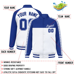 Custom Royal White K-Ribbon Raglan Sleeves Varsity Full-Snap Color Block Letterman Jacket