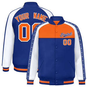 Custom Orange Royal K-Ribbon Raglan Sleeves Varsity Full-Snap Color Block Letterman Jacket