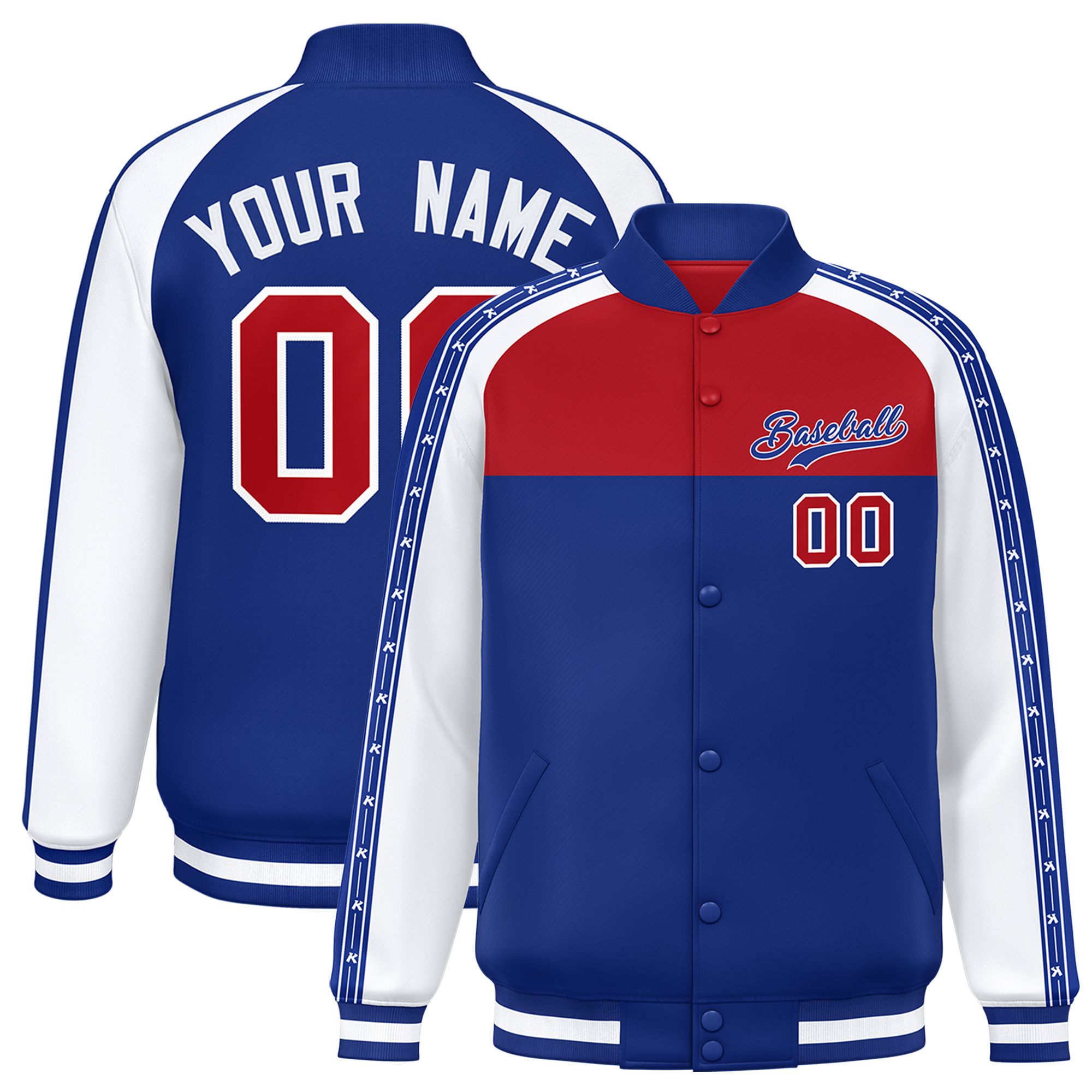 Custom Red Royal K-Ribbon Raglan Sleeves Varsity Full-Snap Color Block Letterman Jacket