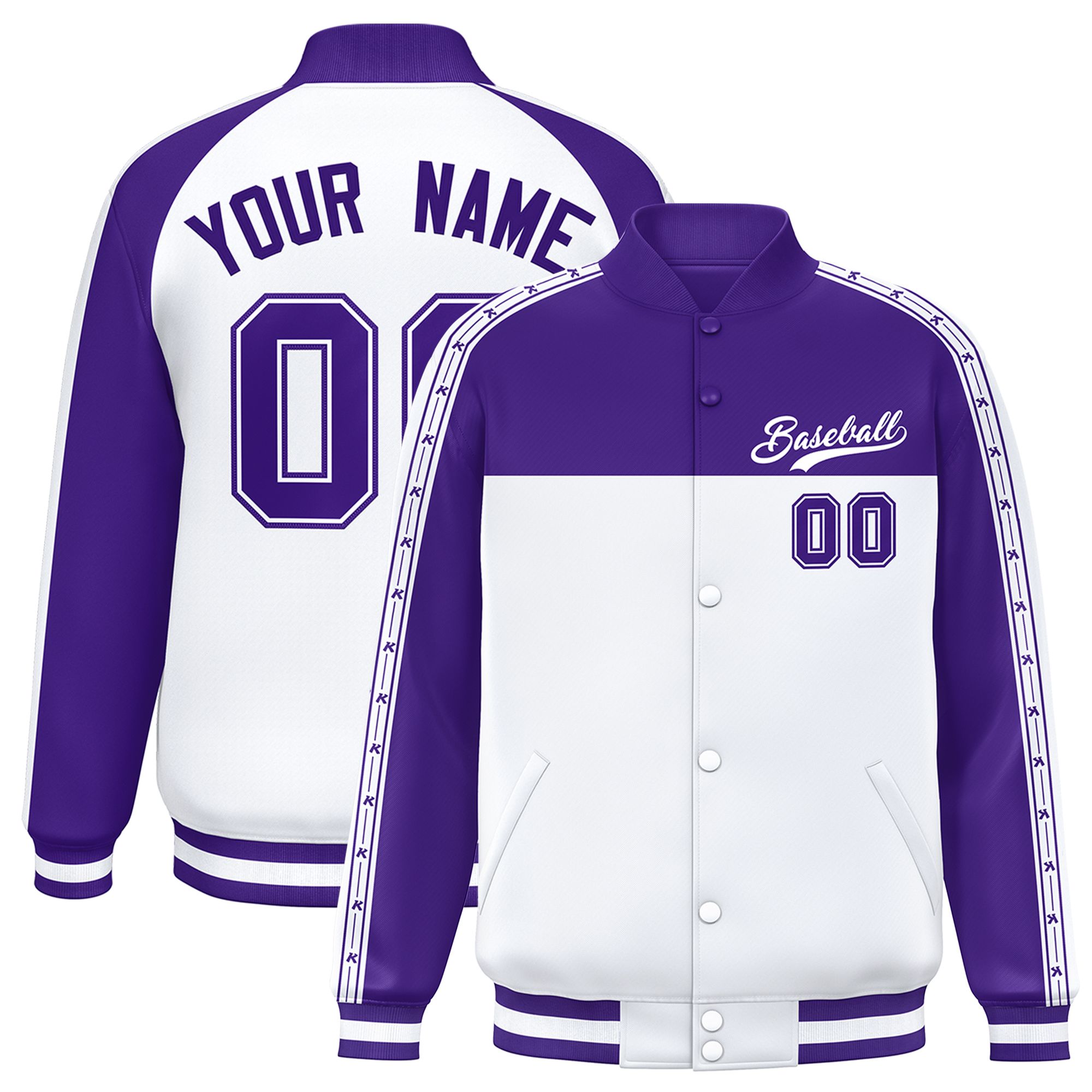 Custom Purple White K-Ribbon Raglan Sleeves Varsity Full-Snap Color Block Letterman Jacket