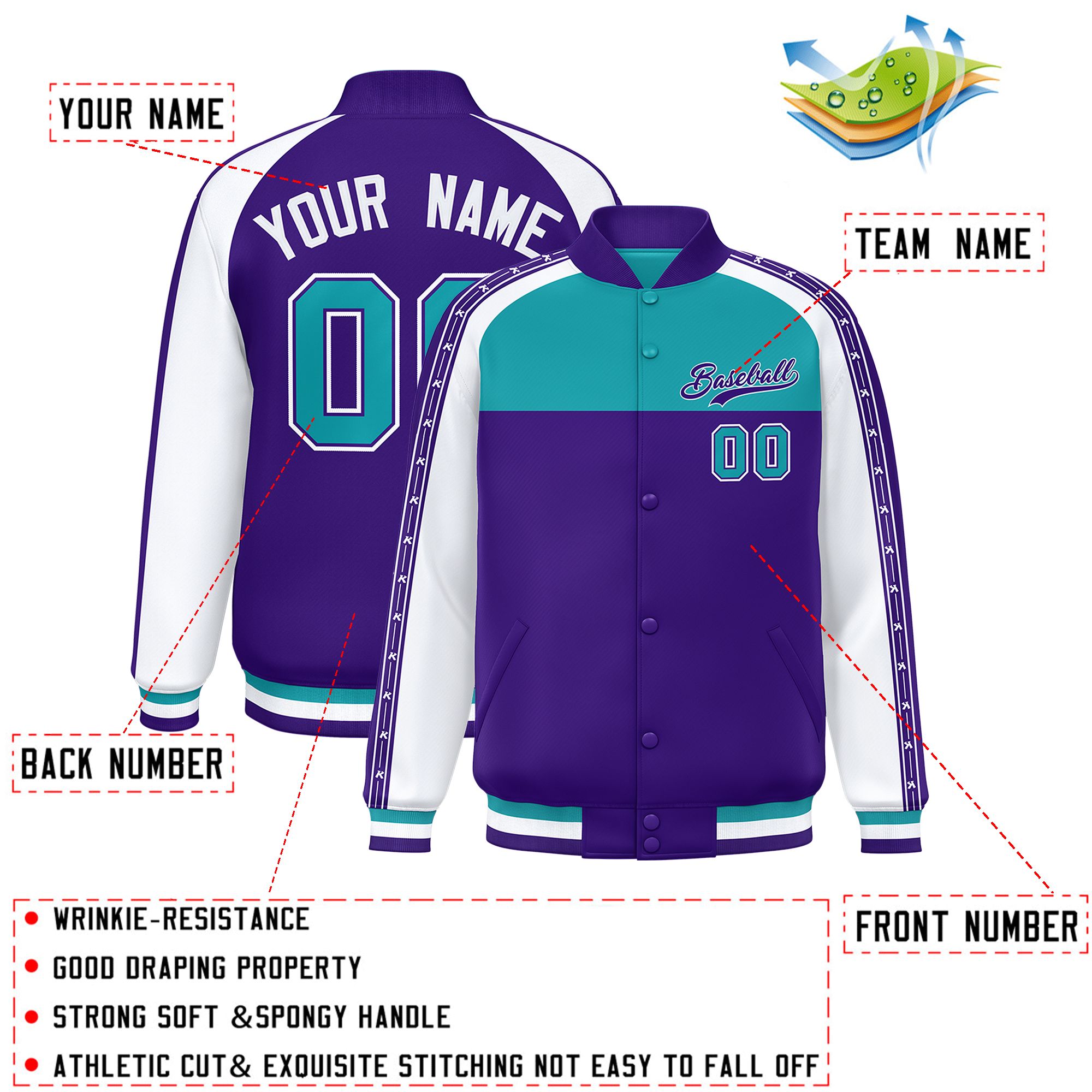 Custom Aqua Purple K-Ribbon Raglan Sleeves Varsity Full-Snap Color Block Letterman Jacket