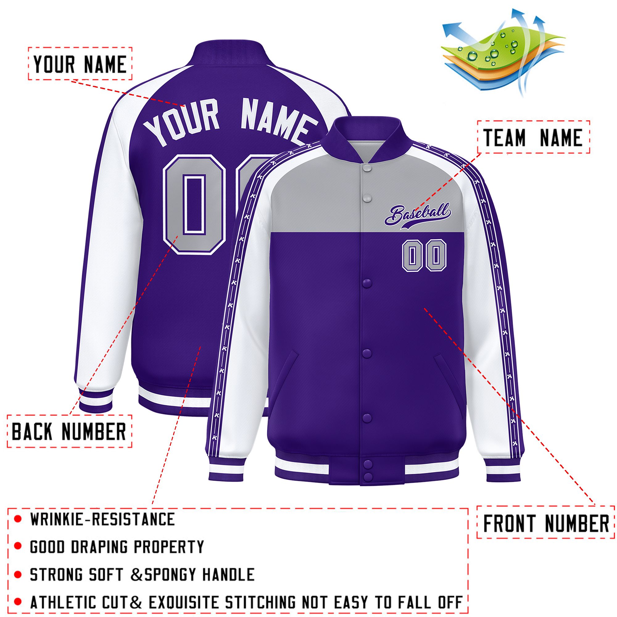 Custom Gray Purple K-Ribbon Raglan Sleeves Varsity Full-Snap Color Block Letterman Jacket