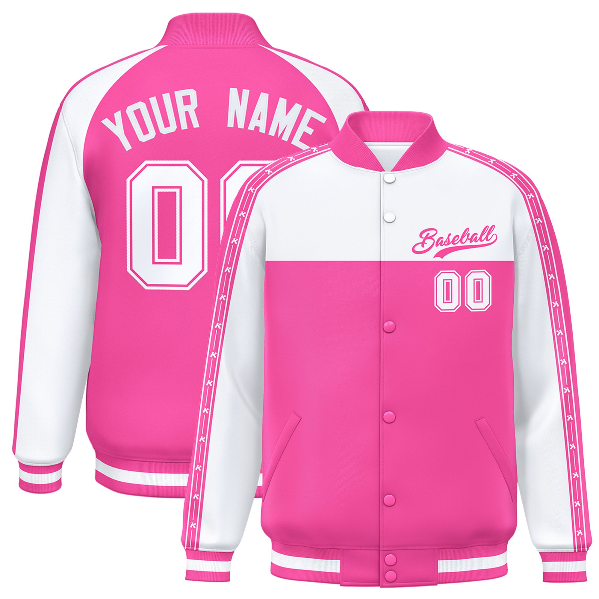 Custom White Pink K-Ribbon Raglan Sleeves Varsity Full-Snap Color Block Letterman Jacket