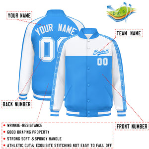 Custom White Powder Blue K-Ribbon Raglan Sleeves Varsity Full-Snap Color Block Letterman Jacket