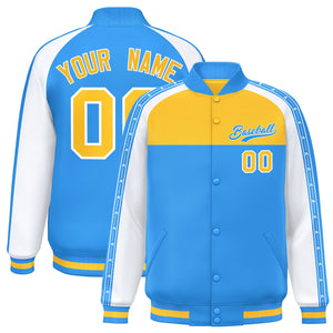 Custom Gold Powder Blue K-Ribbon Raglan Sleeves Varsity Full-Snap Color Block Letterman Jacket