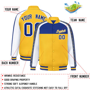 Custom Royal Gold K-Ribbon Raglan Sleeves Varsity Full-Snap Color Block Letterman Jacket