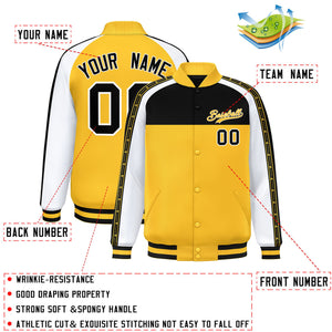 Custom Black Gold K-Ribbon Raglan Sleeves Varsity Full-Snap Color Block Letterman Jacket