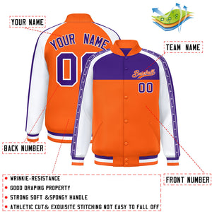 Custom Purple Orange K-Ribbon Raglan Sleeves Varsity Full-Snap Color Block Letterman Jacket