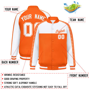 Custom White Orange K-Ribbon Raglan Sleeves Varsity Full-Snap Color Block Letterman Jacket