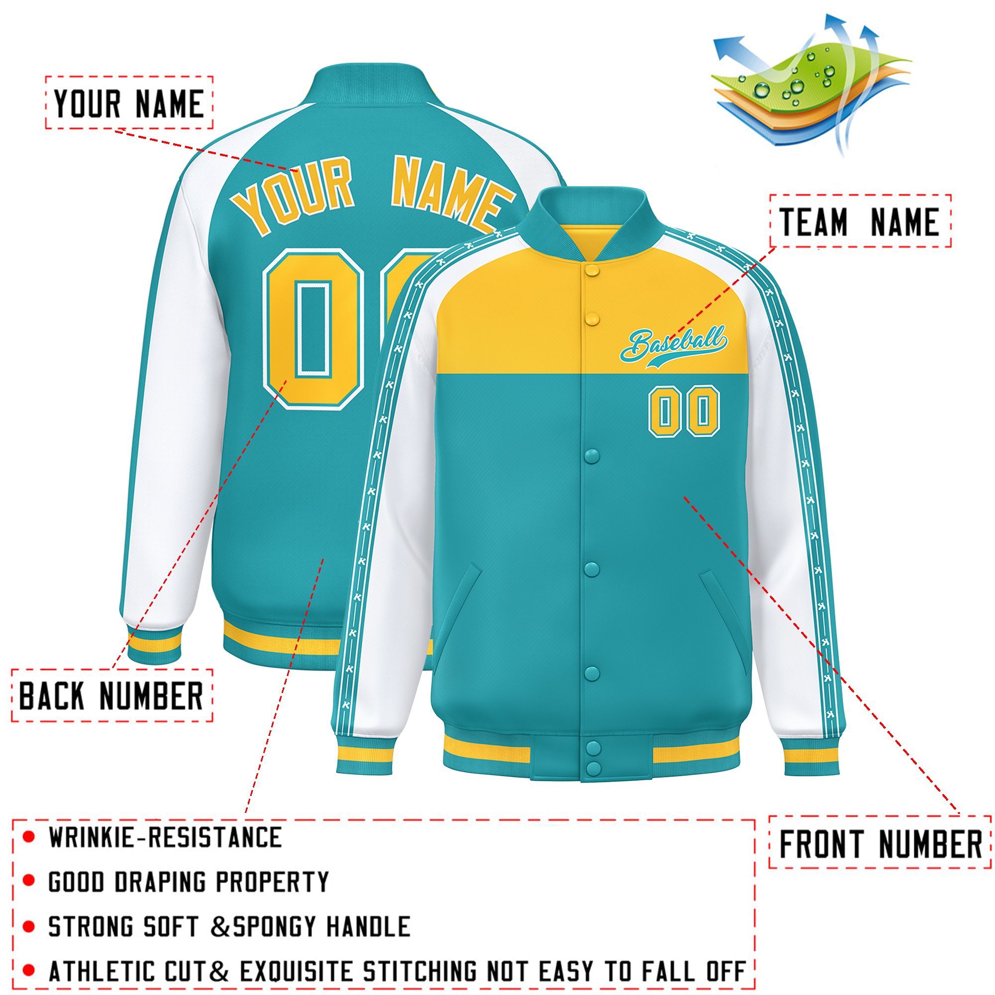 Custom Gold Aqua K-Ribbon Raglan Sleeves Varsity Full-Snap Color Block Letterman Jacket