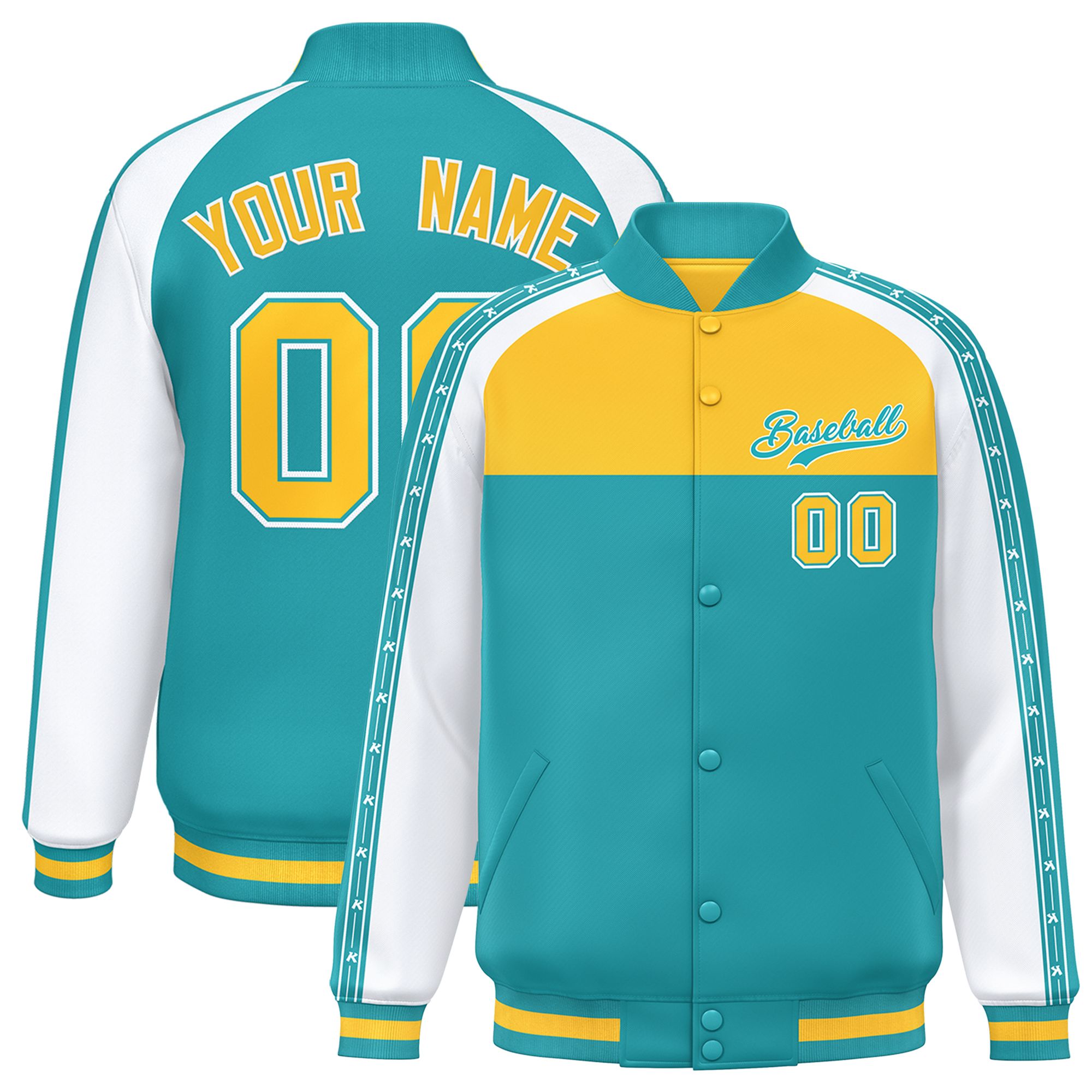 Custom Gold Aqua K-Ribbon Raglan Sleeves Varsity Full-Snap Color Block Letterman Jacket