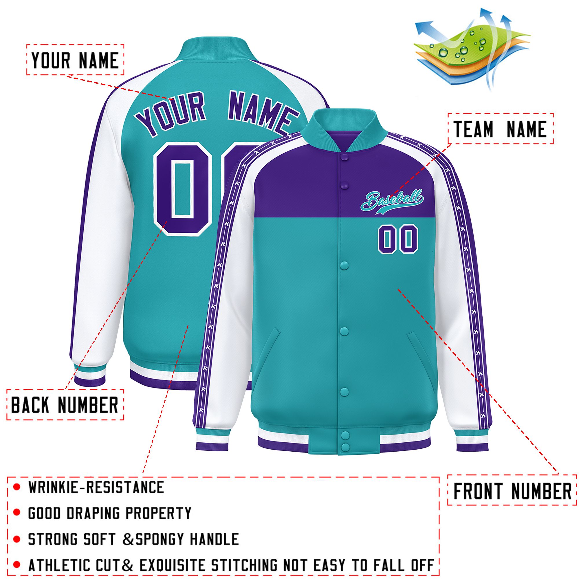 Custom Purple Aqua K-Ribbon Raglan Sleeves Varsity Full-Snap Color Block Letterman Jacket