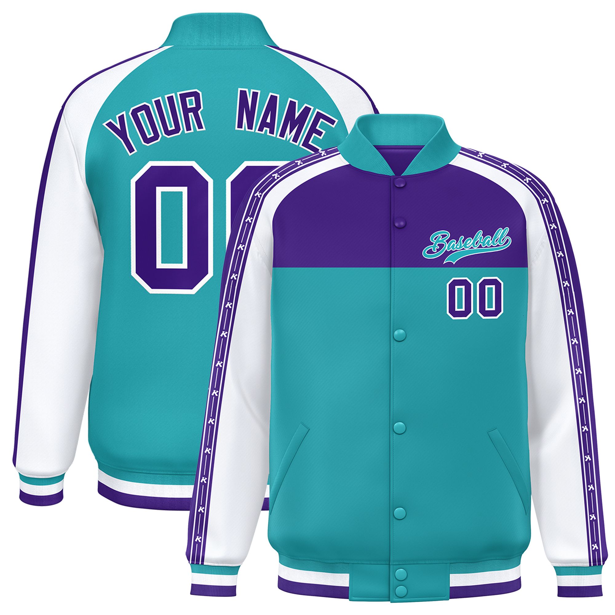 Custom Purple Aqua K-Ribbon Raglan Sleeves Varsity Full-Snap Color Block Letterman Jacket