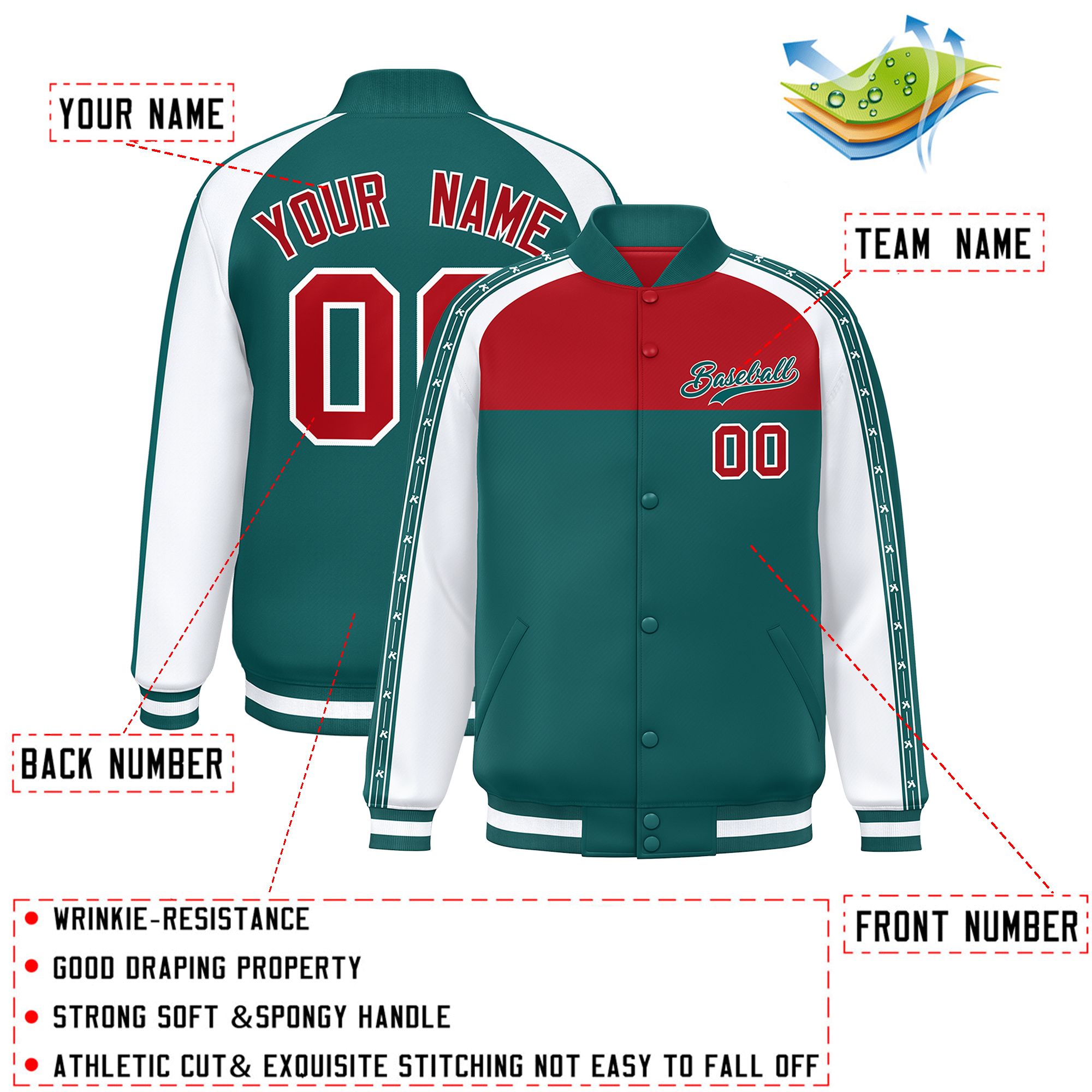 Custom Red Aqua K-Ribbon Raglan Sleeves Varsity Full-Snap Color Block Letterman Jacket